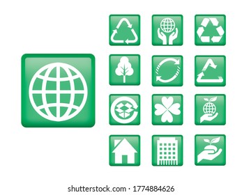 Semi-solid green environmental protection image icon collection, illustration set. Illustration to protect the recycle mark, hands and the earth.