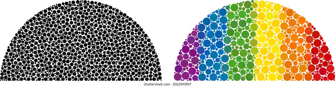 Semisphere collage icon of circle elements in variable sizes and spectrum colored color tints. A dotted LGBT-colored semisphere for lesbians, gays, bisexuals, and transgenders.
