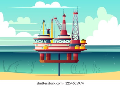 Semiaul-Ölplattform, Seebasis-Offshore-Bohrplattform-Querschnitt, Vektorgrafik. Erdöl- und Erdgasförderung auf dem Festlandsockel. Technologien der Mineralölindustrie. Tiefseebohren