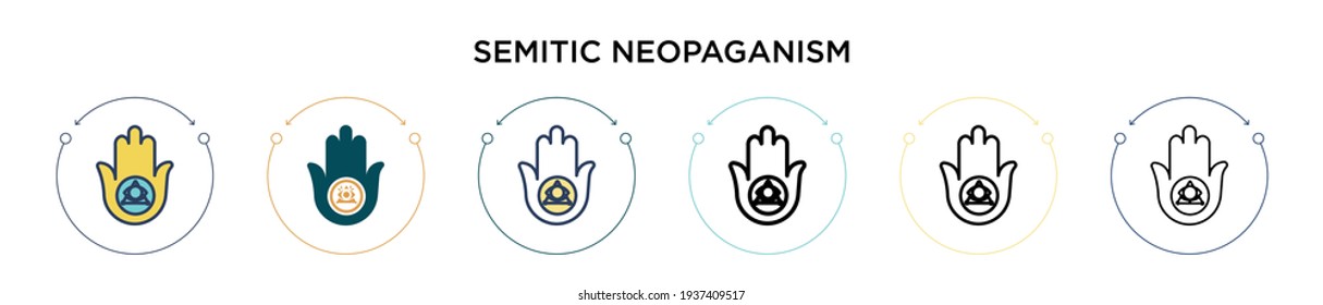 Icono de neopaganismo semita en línea delgada, contorno y estilo de trazo. Ilustración vectorial de dos diseños de iconos vectores de neopaganismo semiótico de color y negro se pueden utilizar para móviles, ui, web