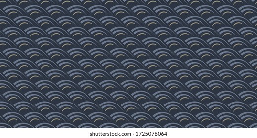 Semitone pattern half circles seamless background. Elegant geometric waves design abstract round shapes on a blue layer. Print block for apparel textile, ladies dress fabric, masculine polo t shirt.