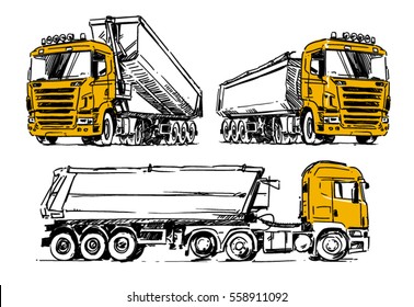 Semi-trailer dump truck sketch isolated on white background