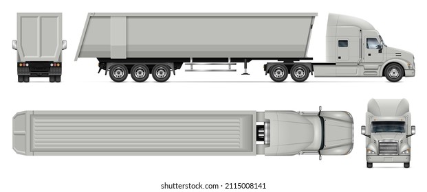 Semi-trailer dump truck vector mockup on white for vehicle branding, corporate identity. View from side, front, back and top. All elements in the groups on separate layers for easy editing and recolor