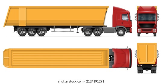 Semi-trailer dump truck vector mockup on white for vehicle branding, corporate identity. View from side, front, back and top. All elements in the groups on separate layers for easy editing and recolor