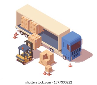 Semi-trailer and forklift loading pallets with cardboard boxes. Vector Isometric illustration isolated on white background.