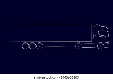 Semi-trailer truck abstract silhouette on a blue background. Hand drawn white line truck with trailer. Vector illustration, side view.