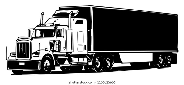 Semi-trailer truck. Black and white illustration