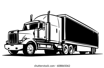 Semi-trailer truck. Black and white illustration