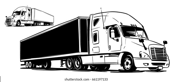 Semi-trailer truck. Black and white illustration