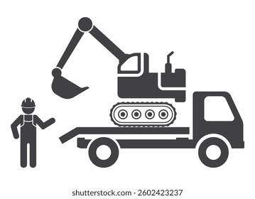 Semi-trailer truck with excavator hauler and worker person icon