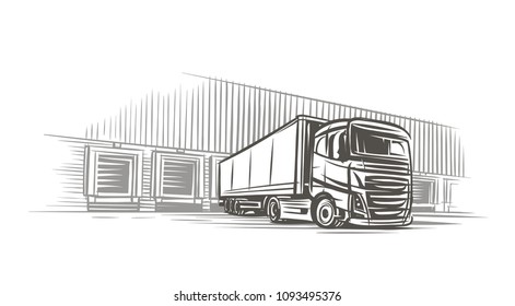 Semitrailer truck at loading dock sketch. Vector.