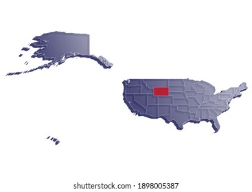 Semitransparent  3D vector map that shows the location of Wyoming on the USA map. Map of the state and United States painted in the colors of the USA flag. Space for text.
