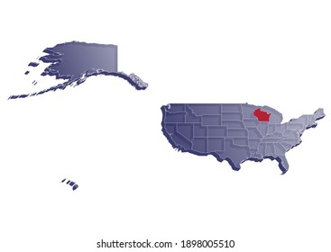 Semitransparent  3D vector map that shows the location of Wisconsin on the USA map. Map of the state and United States painted in the colors of the USA flag. Space for text.