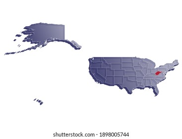 Semitransparent  3D vector map that shows the location of West Virginia on the USA map. Map of the state and United States painted in the colors of the USA flag. Space for text.