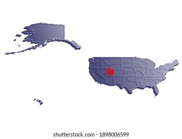 Semitransparent  3D vector map that shows the location of Utah on the USA map. Map of the state and United States painted in the colors of the USA flag. Space for text.