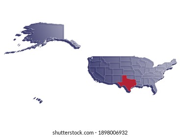 Semitransparent  3D vector map that shows the location of Texas on the USA map. Map of the state and United States painted in the colors of the USA flag. Space for text.