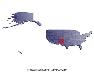 Semitransparent  3D vector map that shows the location of New Mexico on the USA map. Map of the state and United States painted in the colors of the USA flag. Space for text.