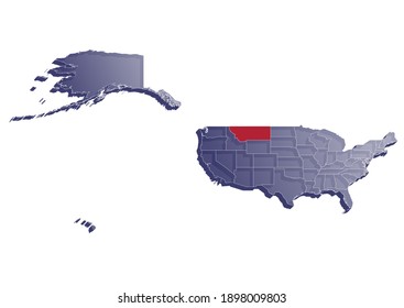 Semitransparent  3D vector map that shows the location of Montana on the USA map. Map of the state and United States painted in the colors of the USA flag. Space for text.