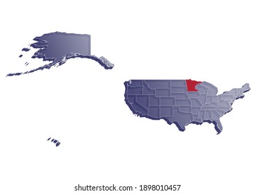 Semitransparent  3D vector map that shows the location of Minnesota on the USA map. Map of the state and United States painted in the colors of the USA flag. Space for text.