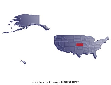 Semitransparent  3D vector map that shows the location of Kansas on the USA map. Map of the state and United States painted in the colors of the USA flag. Space for text.