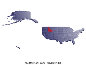 Semitransparent  3D vector map that shows the location of Idaho on the USA map. Map of the state and United States painted in the colors of the USA flag. Space for text.