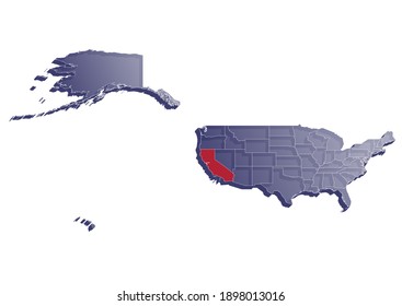 Semitransparent  3D vector map that shows the location of California on the USA map. Map of the state and United States painted in the colors of the USA flag. Space for text.