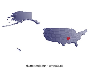 Semitransparent  3D vector map that shows the location of Arkansas on the USA map. Map of the state and United States painted in the colors of the USA flag. Space for text.