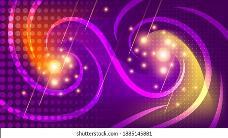 conjuntos semitransparentes de círculos de varios tamaños y rayas torcidas, destellos de luz y meteoritos caídos sobre un fondo de una mezcla de colores amarillo, naranja y púrpura. vector