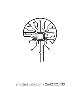 Semi-transparent digital head with central chip and radial circuits, representing core AI processing and data flow.