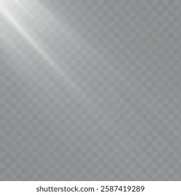 A semi-transparent light effect with soft highlights and diagonal light rays on a transparent background. The realistic glow creates the effect of sunlight passing through glass or reflecting 