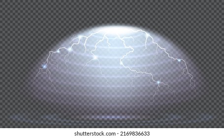 Semitransparent Lightning Thunderbolt Energetic Wave Shield. Protective Dome Screen Glow Light Effect On Transparent Background