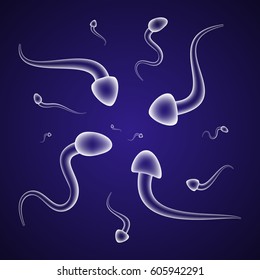 Semitransparent male sperm cells float on a blue background. Vector illustration