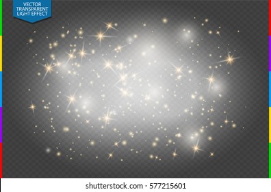 Semitransparent white sparks and golden stars glitter special light effect. Vector sparkles on transparent background. Christmas abstract pattern. Translucent sparkling magic dust particles cloud.