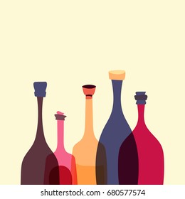 Semi-transparent wine bottles of different colors, vector illustration on light yellow background