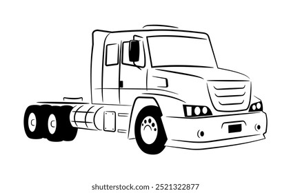 Semi-truck with 3 axis in half-side view. Outlines illustration in black color.