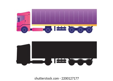 Semitruck And Black Silhouette. Tractor With Container, Transportation Of Goods. Logistics, Delivery Of Goods. Flat Vector Illustration