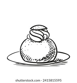 Semla hand drawn illustration, Vector sketch of sweet pastries on a plate, Traditional Swedish food round wheat bun with sweet almond paste and whipped cream filling