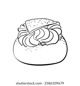 Semla, hand drawn sketch of traditional Swedish sweet pastry, whipped cream filled bun, Vector illustration monochrome black line on white background