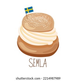 Semla Swedish Sweets. Concept of a Cozy Coffee Time. Scandinavian. Top view. Vector Illustration