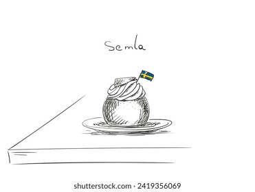 Semla with Swedish flag, hand drawn sketch of sweet pastries on a plate on the table, whipped cream filled cardamom bun with almond paste, vector illustration black ink doodle on white background