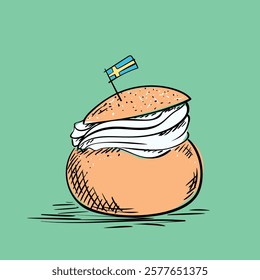 Semla with Swedish flag hand drawn illustration, Sweet pastries with whipped cream filled cardamom bun with almond paste, Vector sketch of traditional dessert on green background