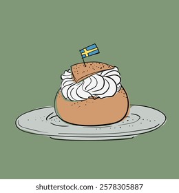 Semla with Swedish flag on plate hand drawn illustration, Sweet pastries bun with whipped cream, Vector sketch of traditional dessert on green background