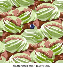 Semla. Traditional swedish dessert with whipped matcha cream. Vector repeated seamless pattern