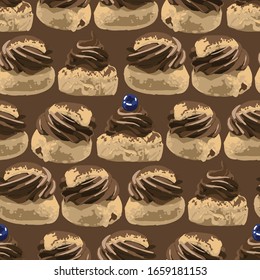 Semla. Traditional swedish dessert with whipped chocolate cream. Vector repeated seamless pattern