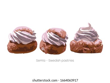 Semla. Traditional swedish desserts. Vector food isolated on white background