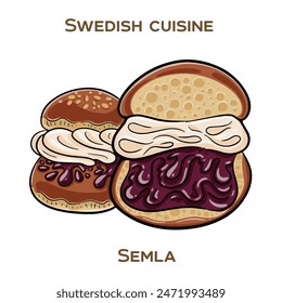 Semla is a traditional Swedish sweet bun filled with almond paste and whipped cream. Hand-drawn vector illustration