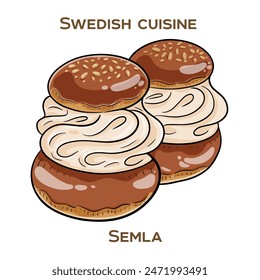 Semla is a traditional Swedish sweet bun filled with almond paste and whipped cream. Hand-drawn vector illustration