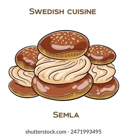 Semla is a traditional Swedish sweet bun filled with almond paste and whipped cream. Hand-drawn vector illustration