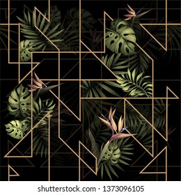 semless abstract floral pattern with tropical plants and gold lines on black background