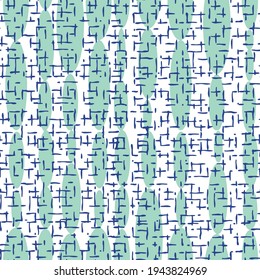 Semless brushed checked motif with Abstract ovel dot pattern . turquoise with blue on white background.